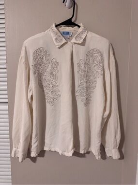 Vintage QPS 90s Cream Rayon Embroidered Western Blouse Cottagecore Boho M